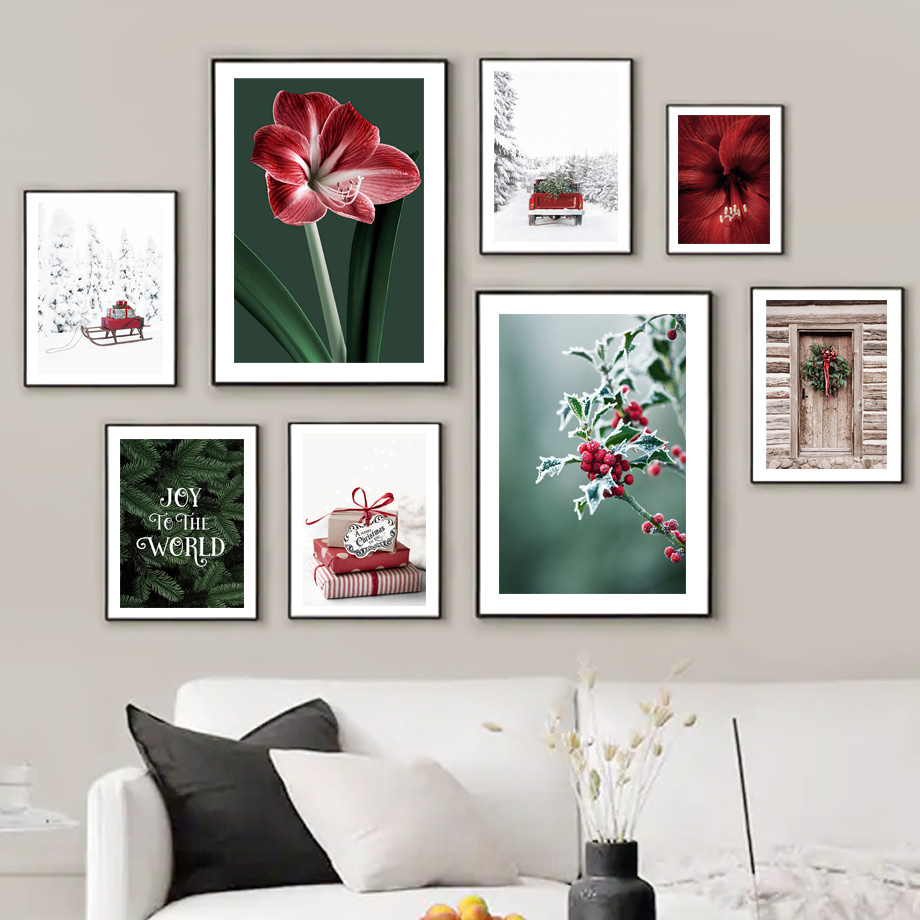 Resin Art Images - Poster Natalizio con Slitta, Ghirlanda Rossa