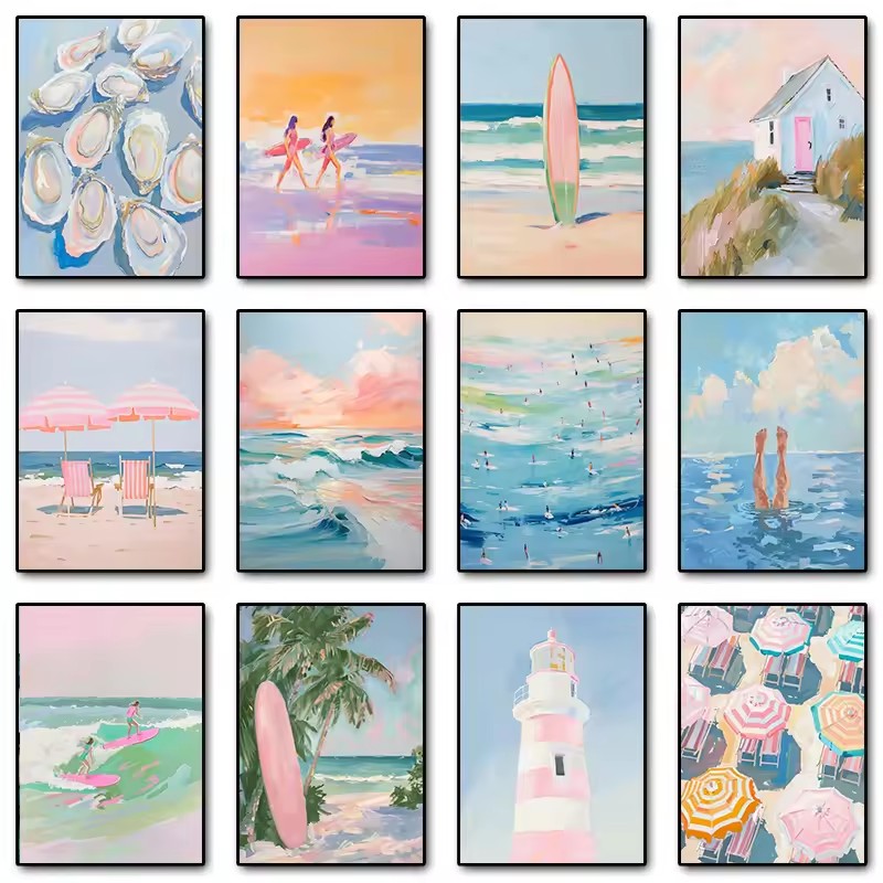 Resin Art Beach - Poster Paesaggio Marino con Onde Rosa